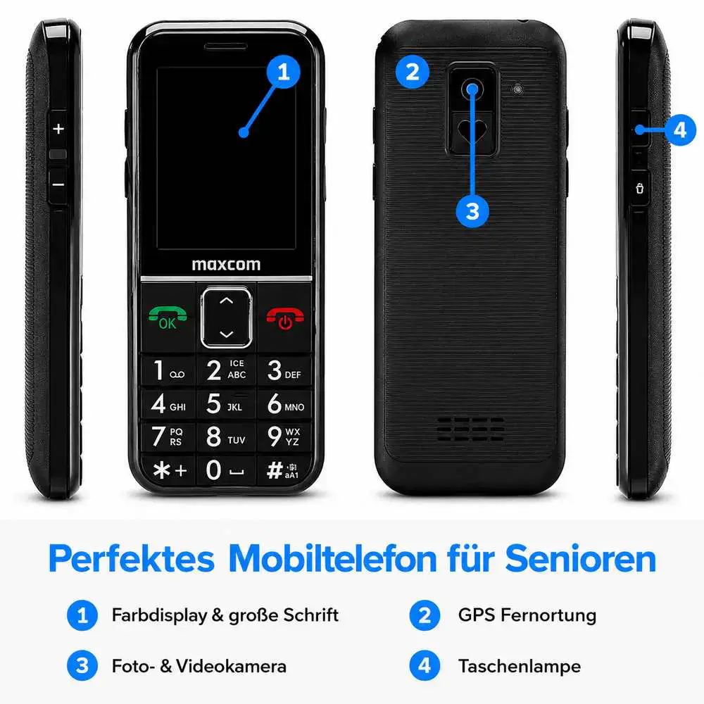 MAXCOM Seniorenhandy mit Notrufarmband HELPLINE Edition Details