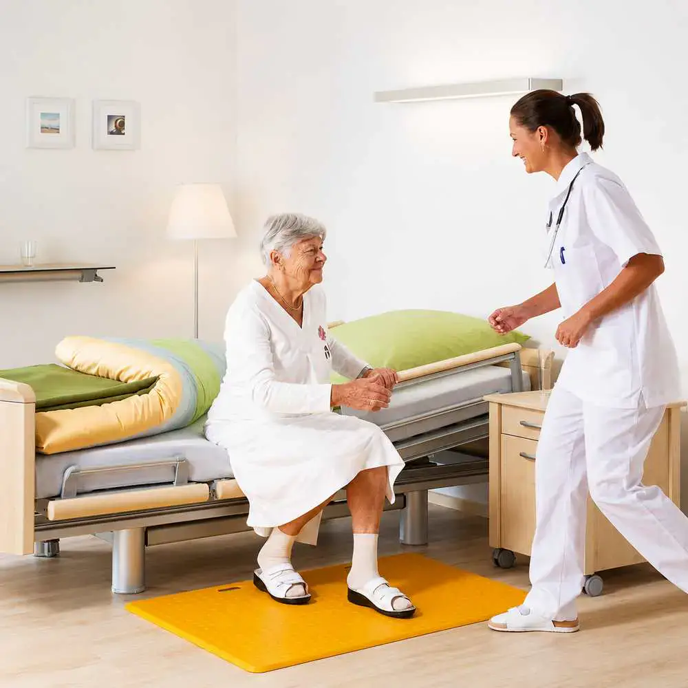 CAREMAT® Sensor-Trittmatte -Profi-Lösung für Haus & Pflegeheime mit Krankenschwester und Seniorin