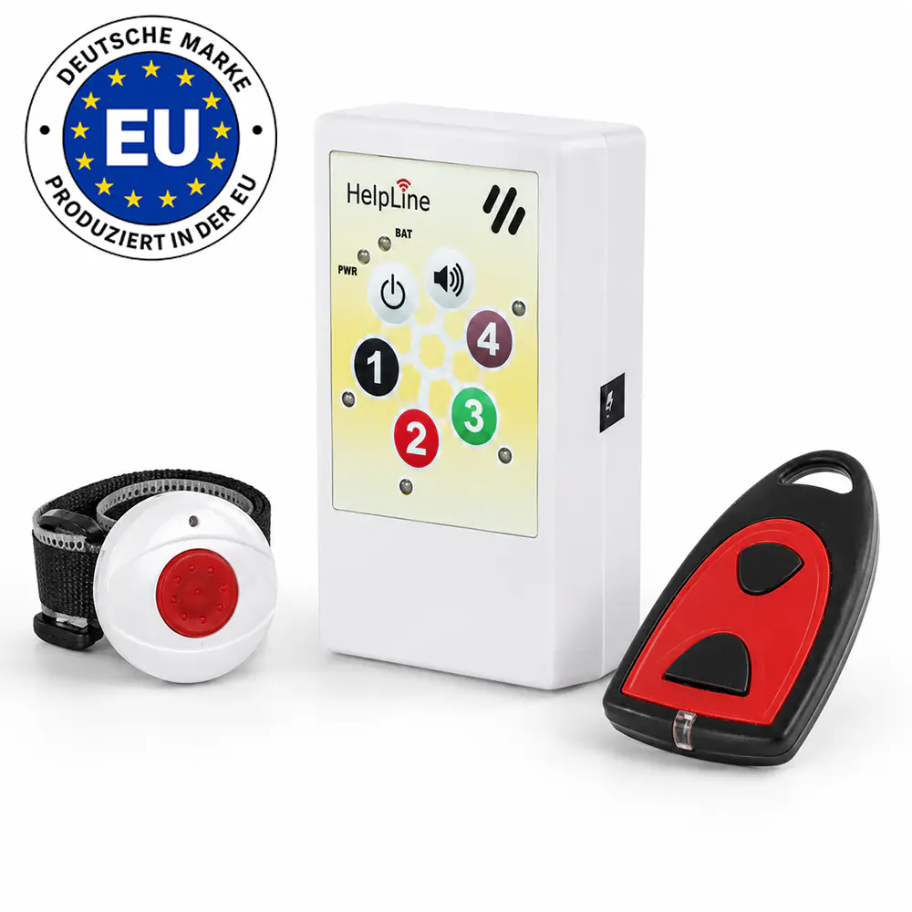 HELPLINE Hausnotruf-Set Mobil für Zwei mit Empfänger 2.0,  Armband- und Umhängesender
